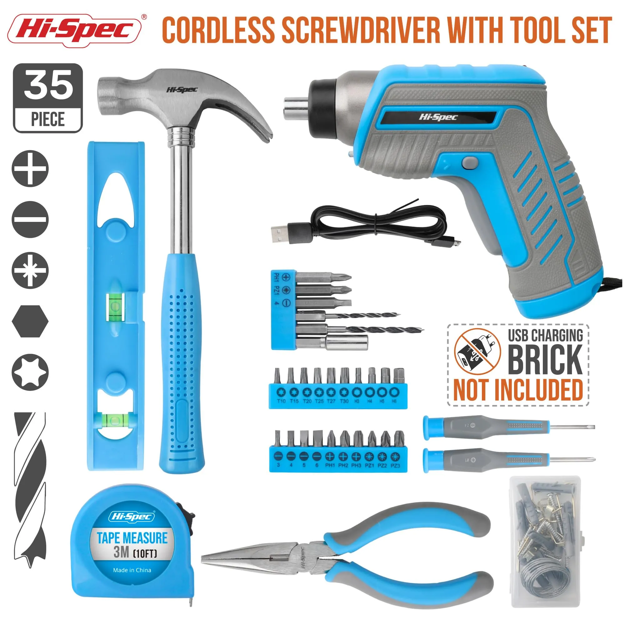 35pc Blue 3.6V USB Electric Screwdriver and Tool Kit Set for Essential Home and Office DIY Repairs