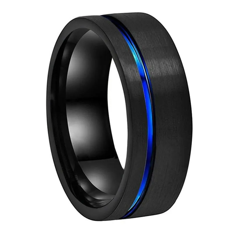 Brushed Black & Offset Blue Inlay Tungsten Ring (8mm)