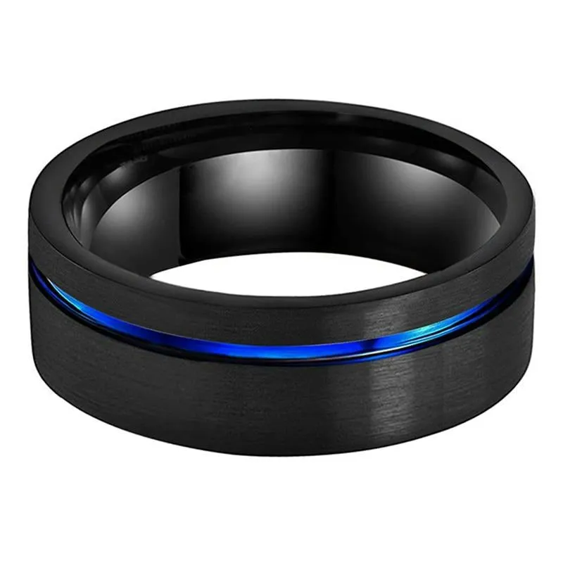 Brushed Black & Offset Blue Inlay Tungsten Ring (8mm)