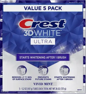 Crest 3D White Ultra Fluoride Anticavity Toothpaste, Vivid Mint -  Bulk - 5 Pack - 5.2oz