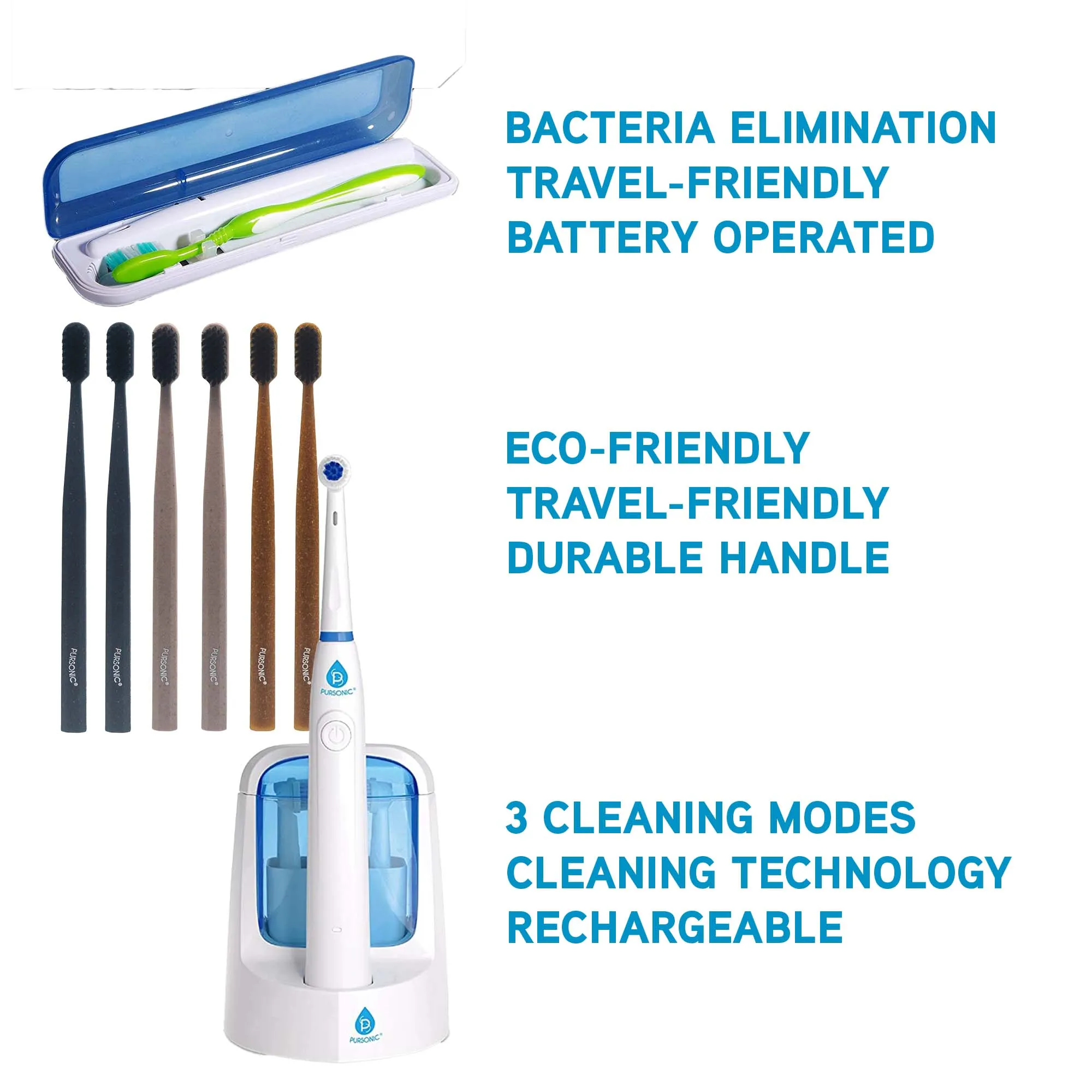 Family Dental Care Bundle: Pursonic RET200 Oscillating Electric Rechargeable Toothbrush, Eco-Friendly Cedarwood Toothbrushes (6 Pack), Portable UV Toothbrush Sanitizer