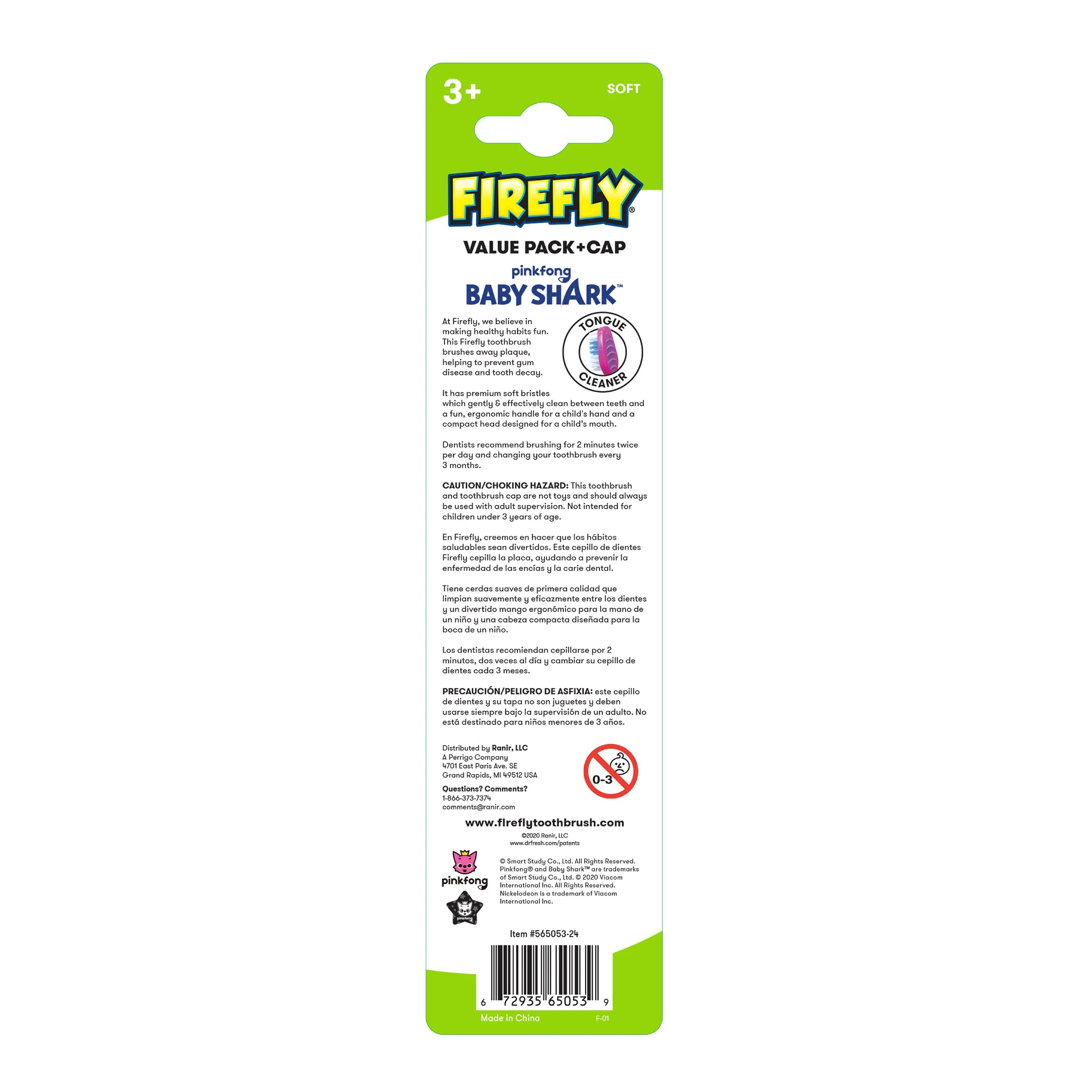 Firefly Kids Baby Shark Value Pack, Soft Bristled Toothbrushes, Ages 3 , 3 Count