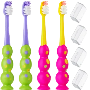 Kids Toothbrush 4 Pack - Soft Contoured Bristles - Child Sized Brush Heads (3-10 Year Old) - Suction Cup for Fun & Easy Storage - Girl & Boy Set (Green & Pink)