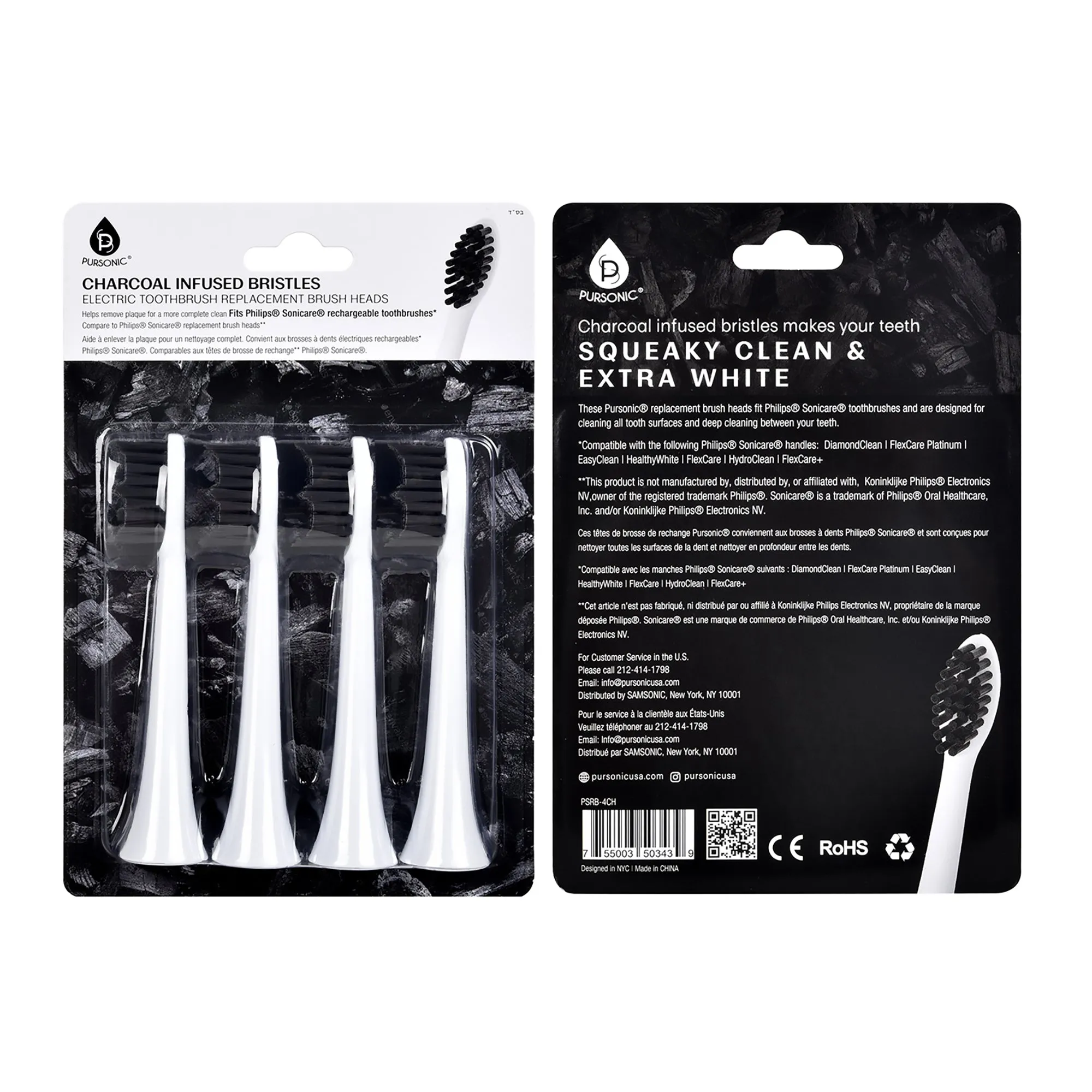 Pursonic Replacement Toothbrush Heads Charcoal Infused Bristles, Compatible with Philips Sonicare Electric Toothbrush Handles - Pack