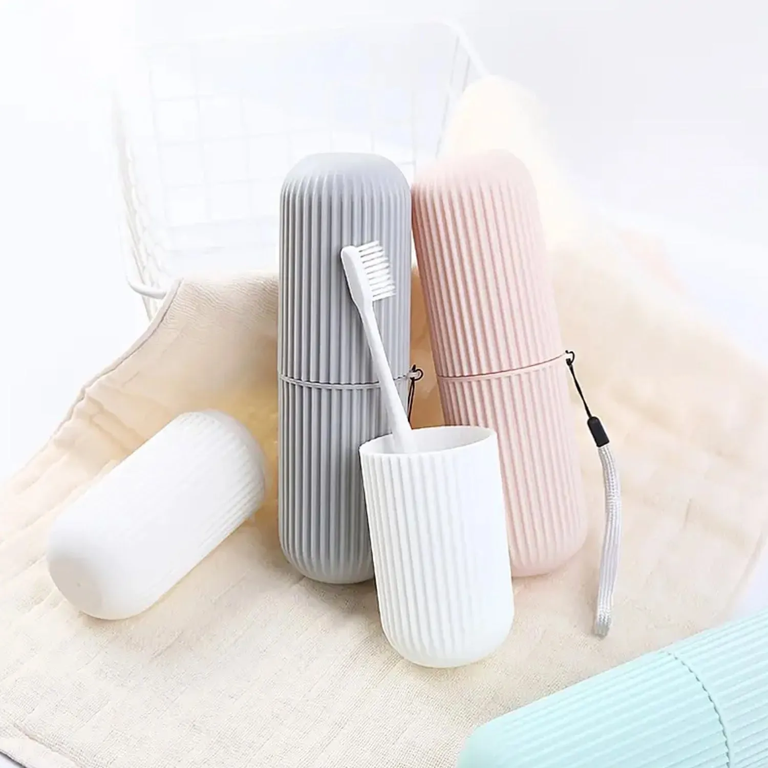 Travel Toothbrush Case & Holder w/ Rope & Brush (Portable, Capsule Shape)