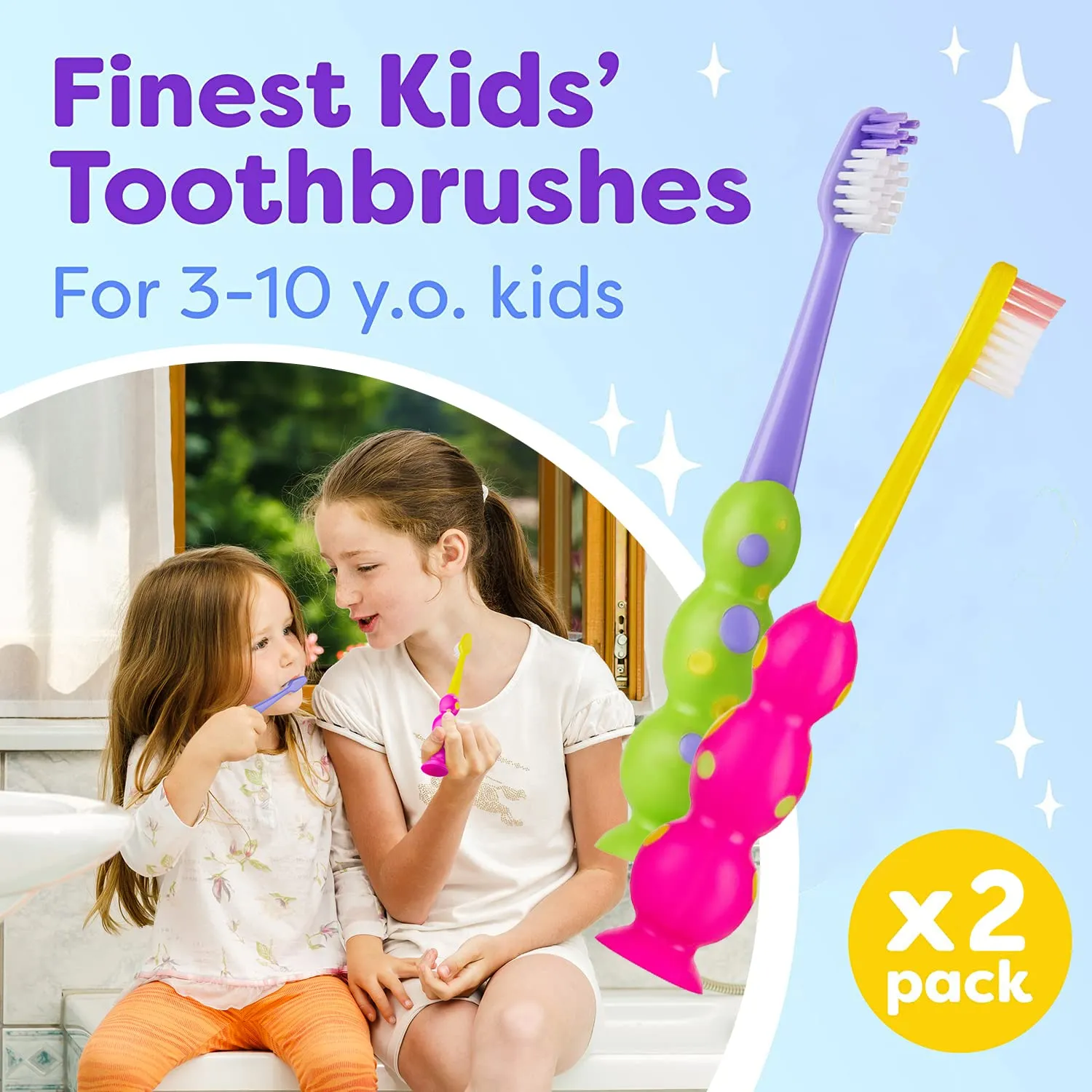 Trueocity Kids Toothbrush 2 Pack - Soft Contoured Bristles - Child Sized Brush Heads (3-10 Year Old) - Suction Cup for Fun & Easy Storage - Girl & Boy Set (2-Pack, Blue & Orange)