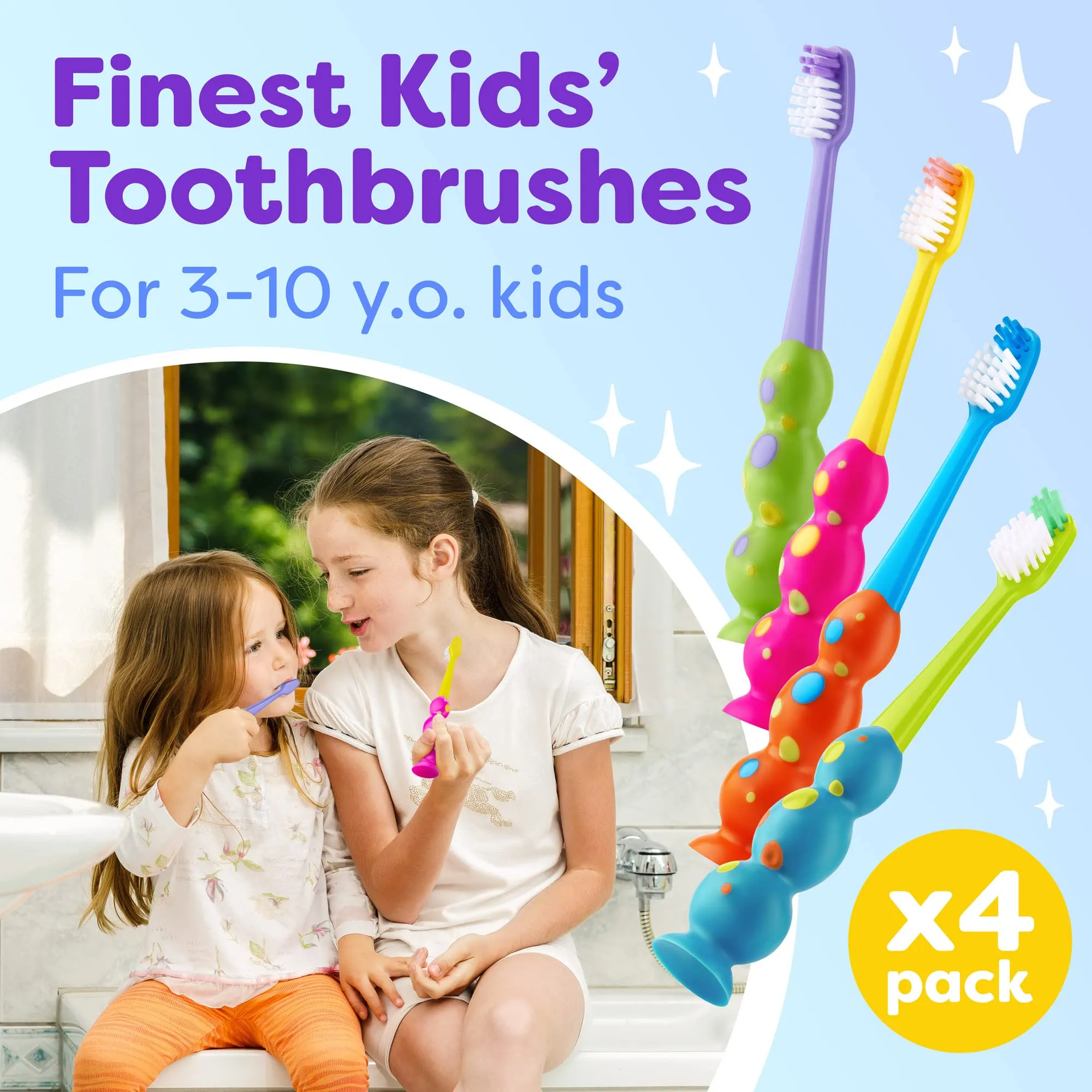 Trueocity Kids Toothbrush 2 Pack - Soft Contoured Bristles - Child Sized Brush Heads (3-10 Year Old) - Suction Cup for Fun & Easy Storage - Girl & Boy Set (2-Pack, Blue & Orange)