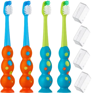 Trueocity Kids Toothbrush 2 Pack - Soft Contoured Bristles - Child Sized Brush Heads (3-10 Year Old) - Suction Cup for Fun & Easy Storage - Girl & Boy Set (2-Pack, Blue & Orange)