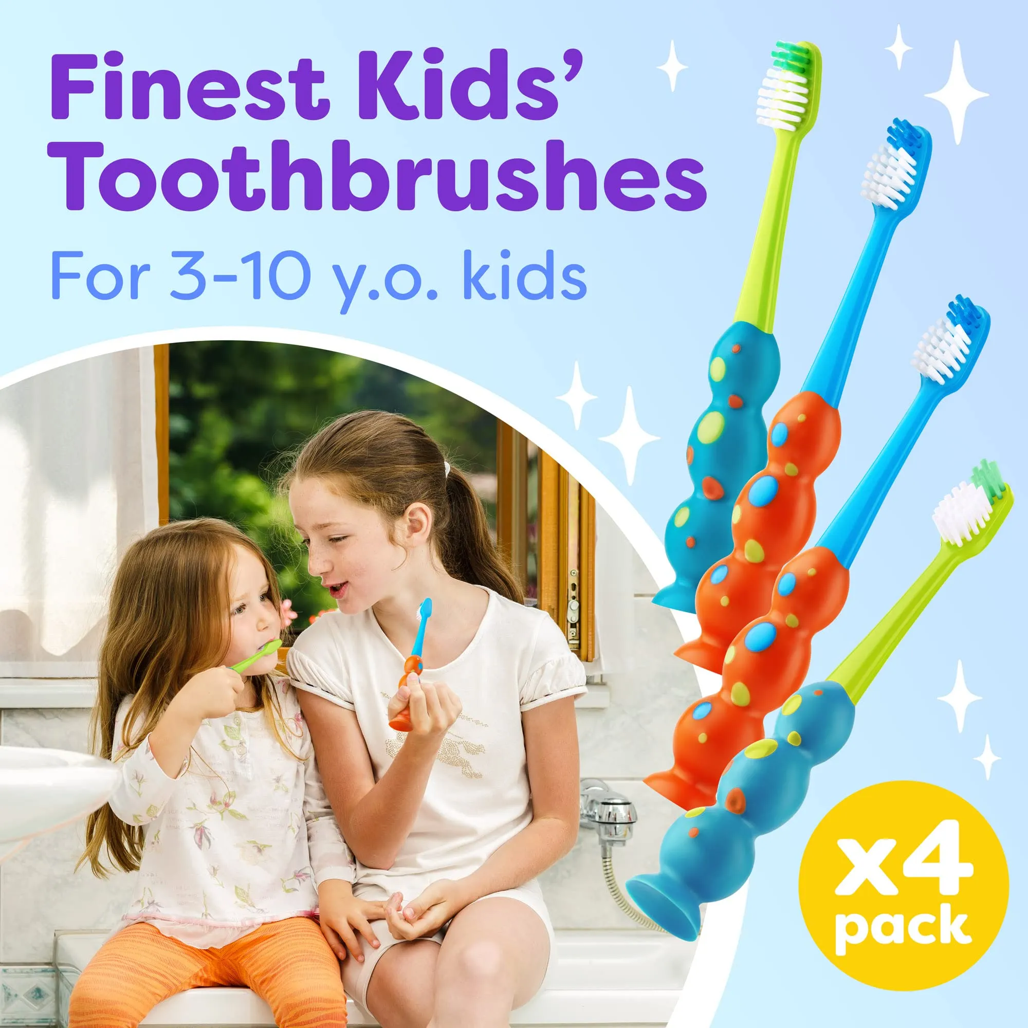 Trueocity Kids Toothbrush 2 Pack - Soft Contoured Bristles - Child Sized Brush Heads (3-10 Year Old) - Suction Cup for Fun & Easy Storage - Girl & Boy Set (2-Pack, Blue & Orange)